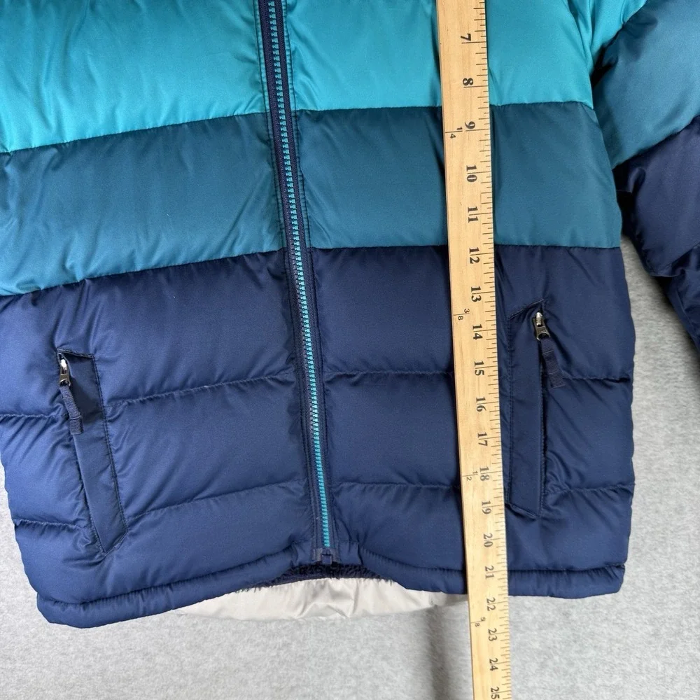 LL Bean Jacket Kids Downtek Medium 10-12 Blue Colorblock Hooded Puffer
